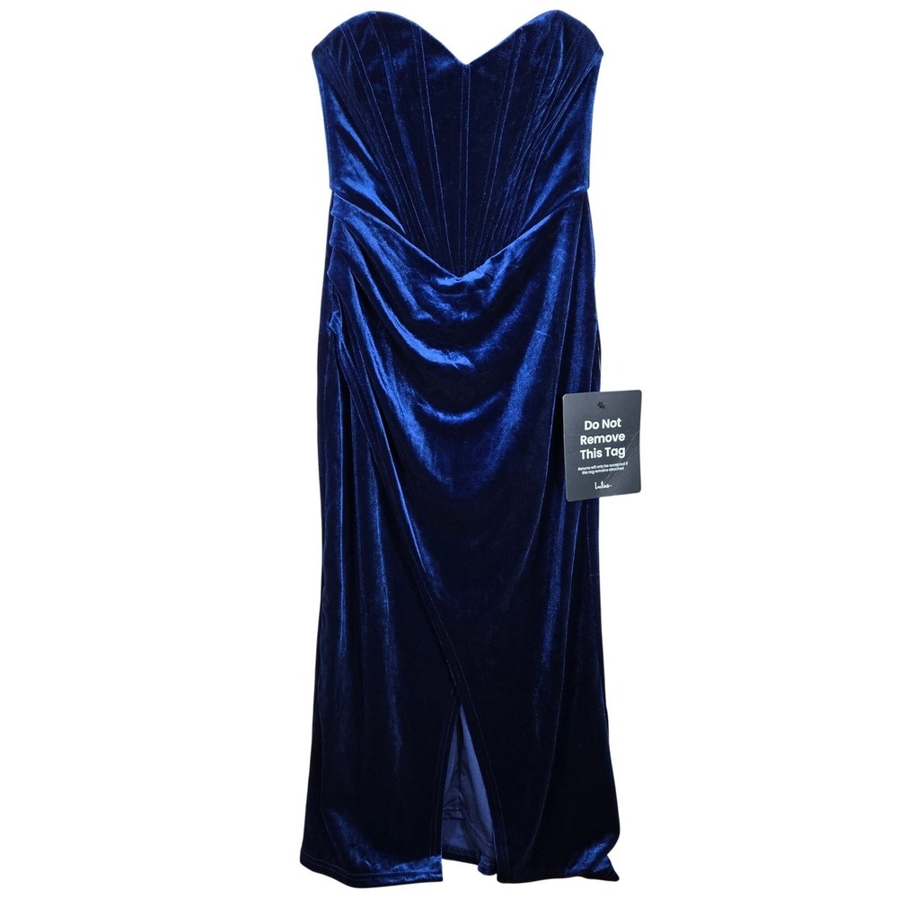 Lulus Masterfully Flirty Dark Blue Velvet Bustier Midi Dress Strapless Small - Picture 2 of 9